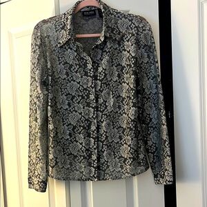 New York & Co Black and White Lacey Long Sleeve Button Down Shirt Sz L